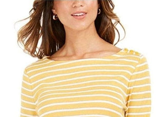 Charter Club Women's Petite Pima Cotton Button-Shoulder Print Top  Honey Glaze Cmb Size Large