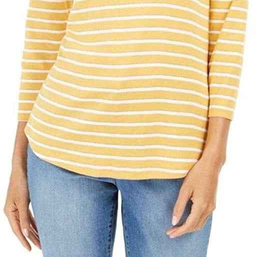 Charter Club Women's Petite Pima Cotton Button-Shoulder Print Top  Honey Glaze Cmb Size Large