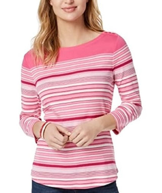 Charter Club Women's Pima Cotton Button-Shoulder Striped Top Billt Ribbon Cmb Size Petite Petite