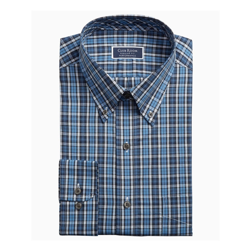 Club Room Men鈥檚 Classic/Regular Fit Stretch Plaid Button Down Collar Dress Shirts Blue Size 32-33