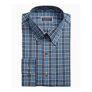 Club Room Men鈥檚 Classic/Regular Fit Stretch Plaid Button Down Collar Dress Shirts Blue Size 32-33