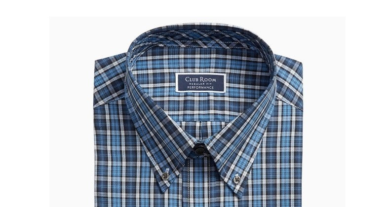 Club Room Men鈥檚 Classic/Regular Fit Stretch Plaid Button Down Collar Dress Shirts Blue Size 32-33