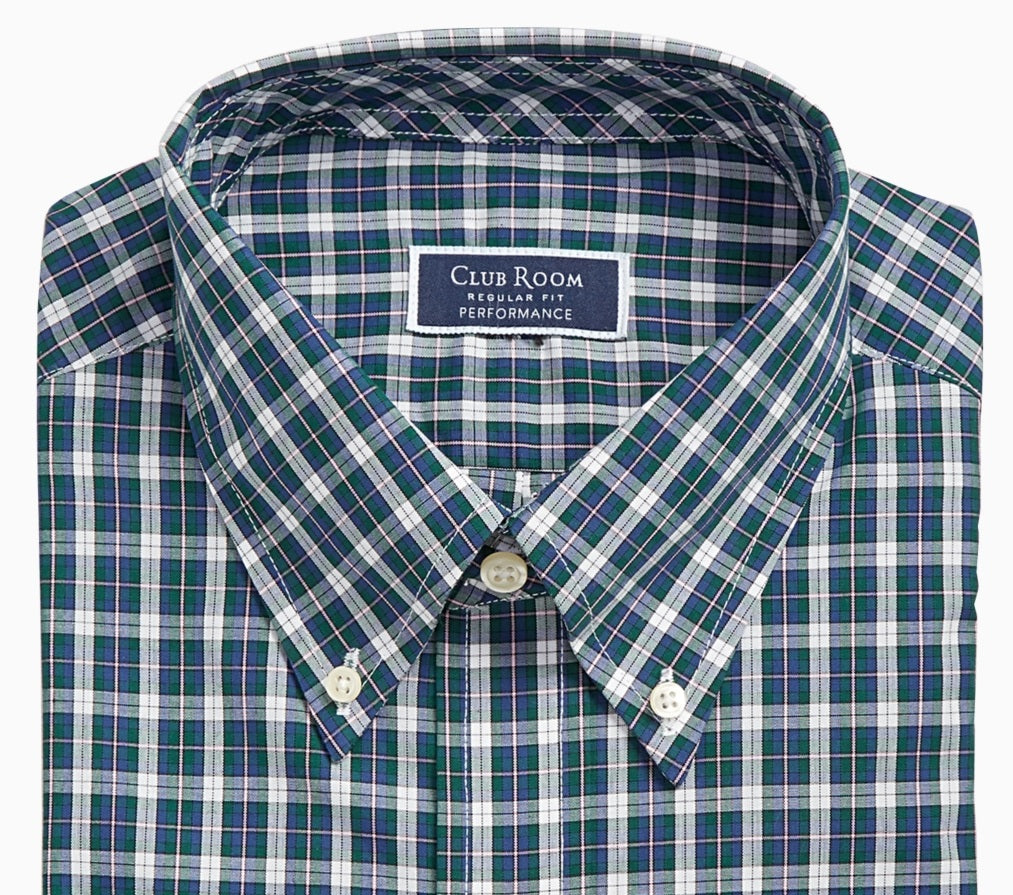 Club Room Men's Dress Shirt Regular Fit Plaid Print Green Size 18X34X35