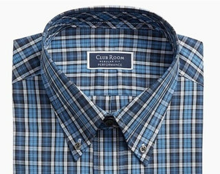 Club Room Men's Classic/Regular Fit Stretch Blackwatch Tartan Dress Shirt Blue Size 32-33