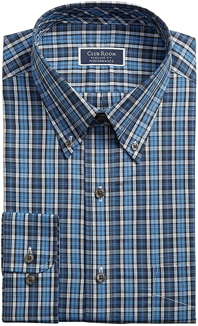 Club Room Men's Dress Shirt Plaid Performance Tartan Navy Size 15.5x32-33