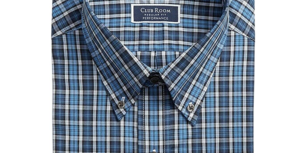 Club Room Men's Dress Shirt Plaid Performance Tartan Navy Size 15.5x32-33
