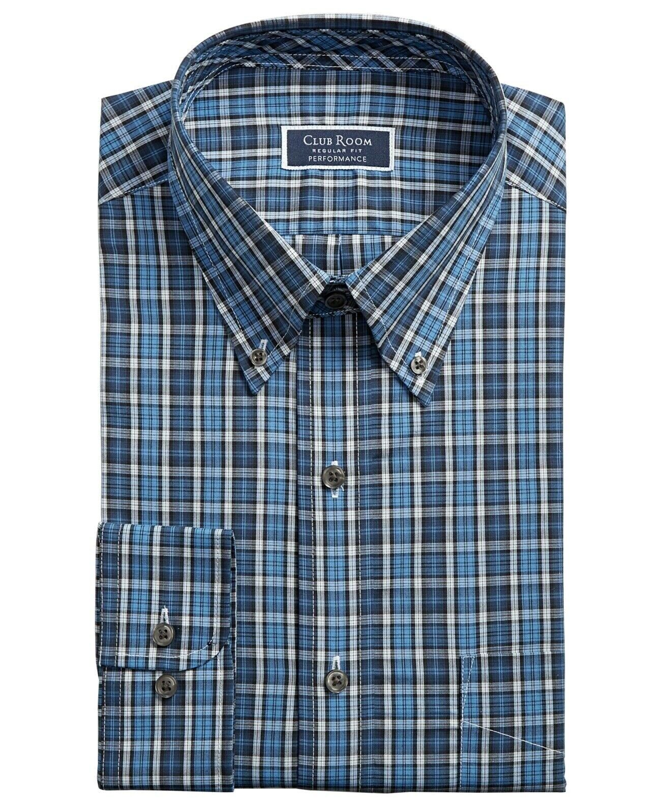 Club Room Men's Classic Fit Stretch Blackwatch Tartan Dress Shirt Navy Size 17-32-33