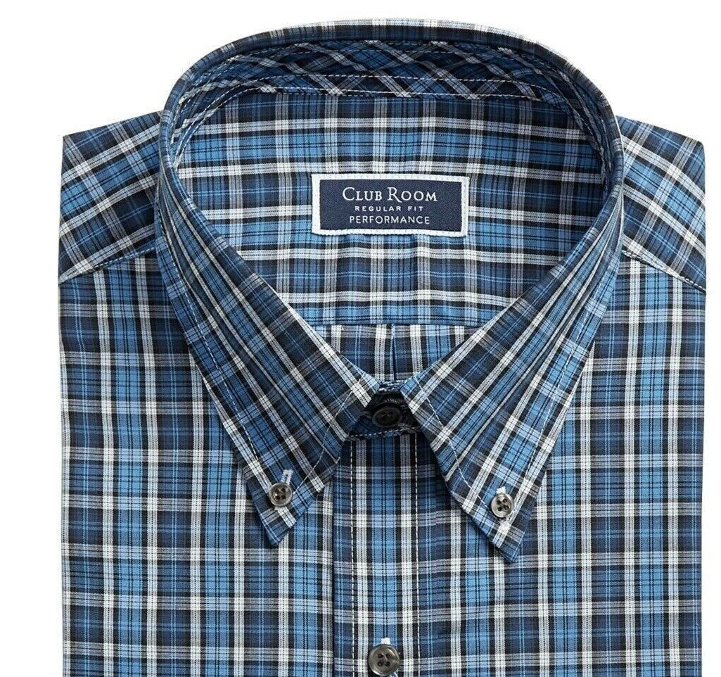 Club Room Men's Classic Fit Stretch Blackwatch Tartan Dress Shirt Navy Size 17-32-33