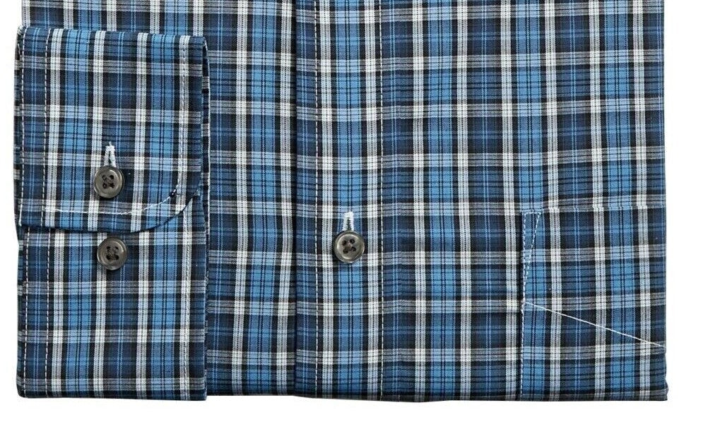 Club Room Men's Classic Fit Stretch Blackwatch Tartan Dress Shirt Navy Size 17-32-33