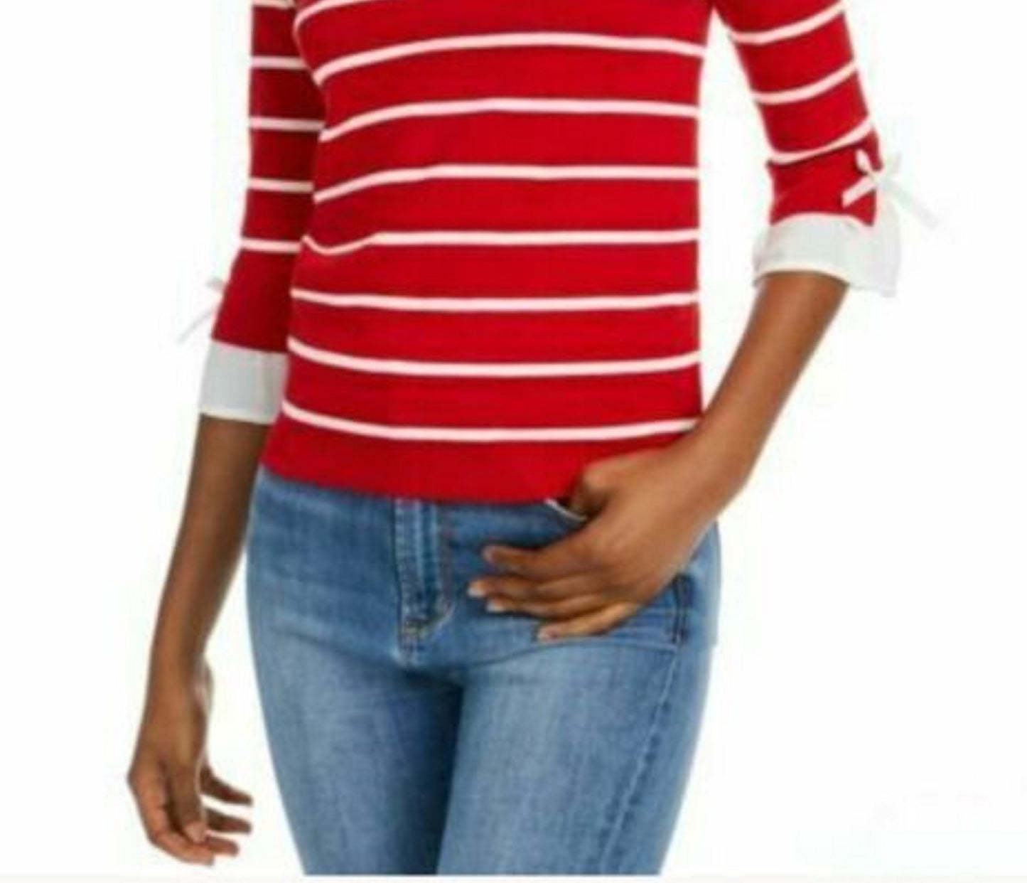 Maison Jules Women's Striped Bow-Trim Sweater Bright Red Size Extra Small