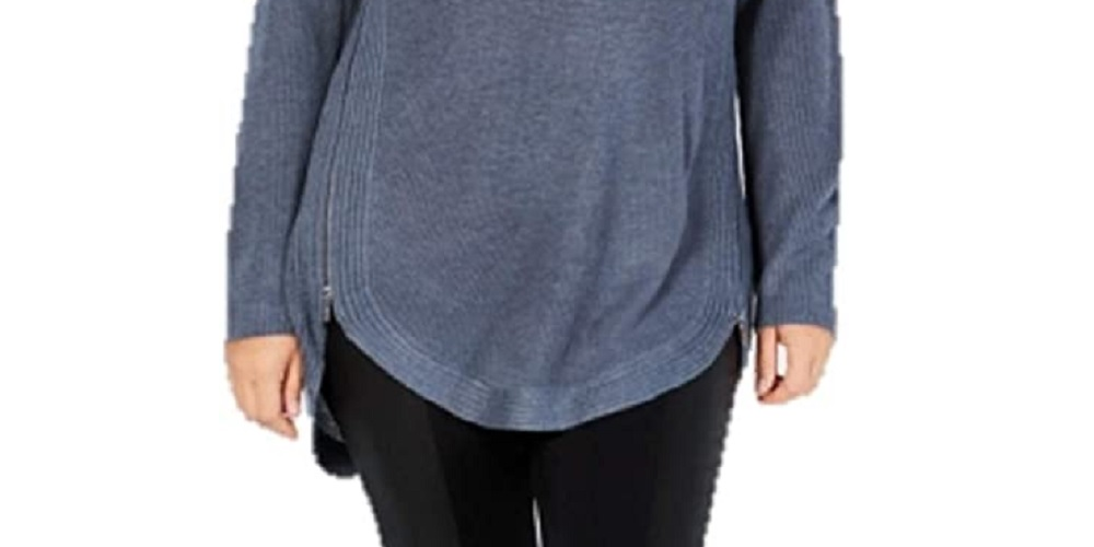 INC International Concepts Women's Waffle-Knit Side-Zip Tunic Sweater Blue Size Petite Large