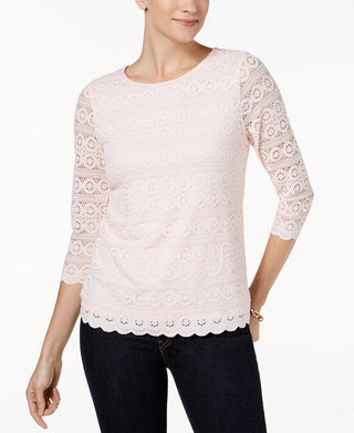 Charter Club Women's Petite Lace 3/4-Sleeve Top Pink Size Petite