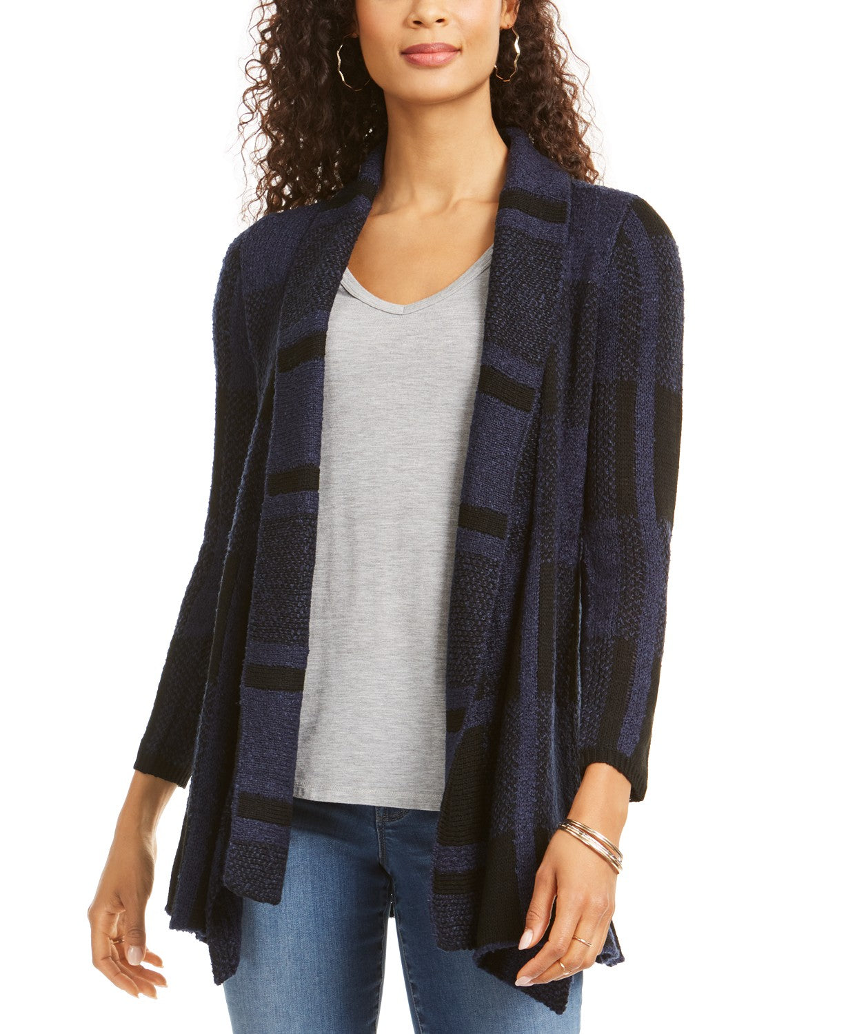 Style & Co Women's Plaid Jacquard Cardigan Sweater  Dark Blue Size Extra Small