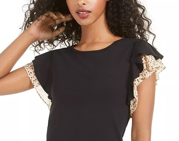 Maison Jules Women's Printed-Trim Flutter-Sleeve Top Black Size Medium