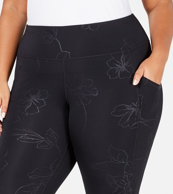 Ideology Women's Plus Size Tonal Floral-Print Ankle Leggings Black Size XXX-Large