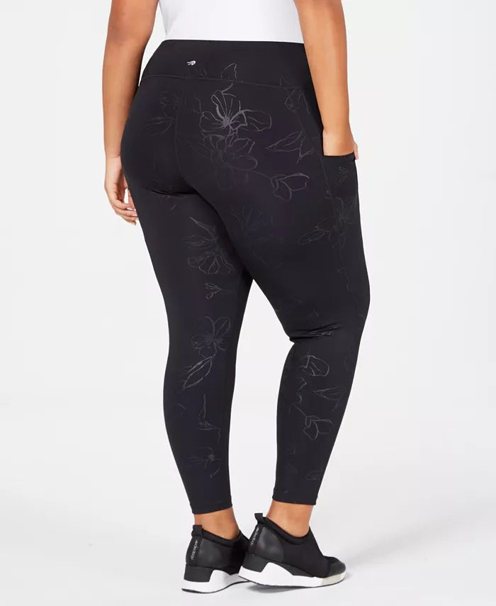 Ideology Women's Plus Size Tonal Floral-Print Ankle Leggings  Black Size Extra Large