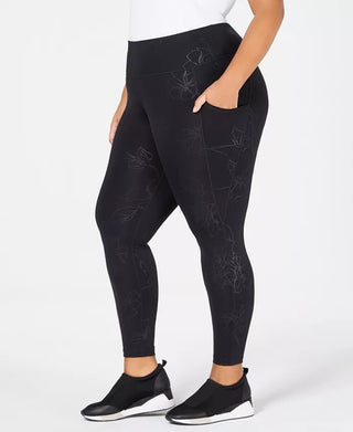 Ideology Women's Plus Size Tonal Floral-Print Ankle Leggings  Black Size Extra Large