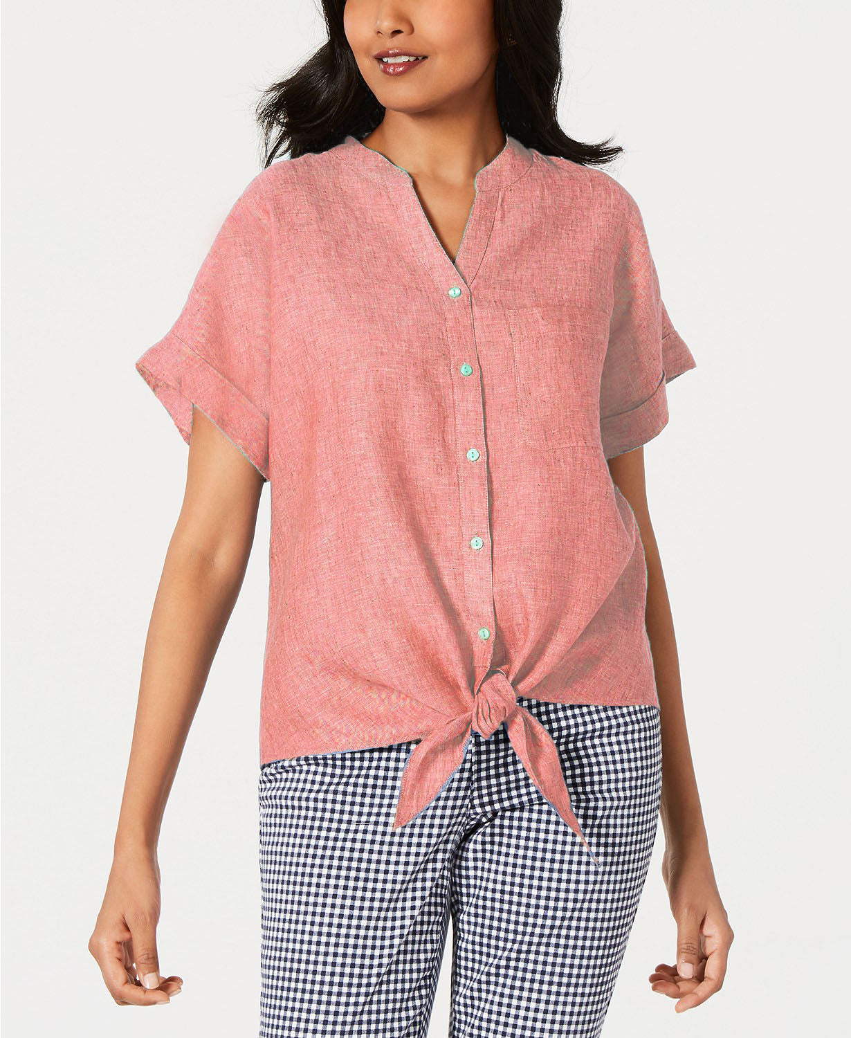 Charter Club Women's Linen Tie-Front Button-Up Shirt Orange Size Extra Large