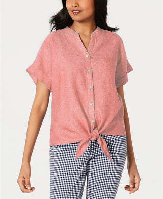 Charter Club Women's Linen Tie-Front Button-Up Shirt Orange Size Extra Large