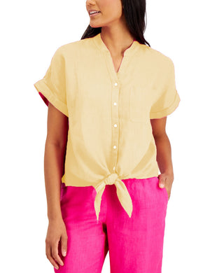 Charter Club Women's Linen Tie-Front Button-Up Shirt  Yellow Size Small