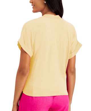 Charter Club Women's Linen Tie-Front Button-Up Shirt  Yellow Size Small