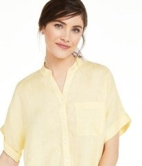 Charter Club Women's Linen Tie-Front Button-Up Shirt  Yellow Size Small