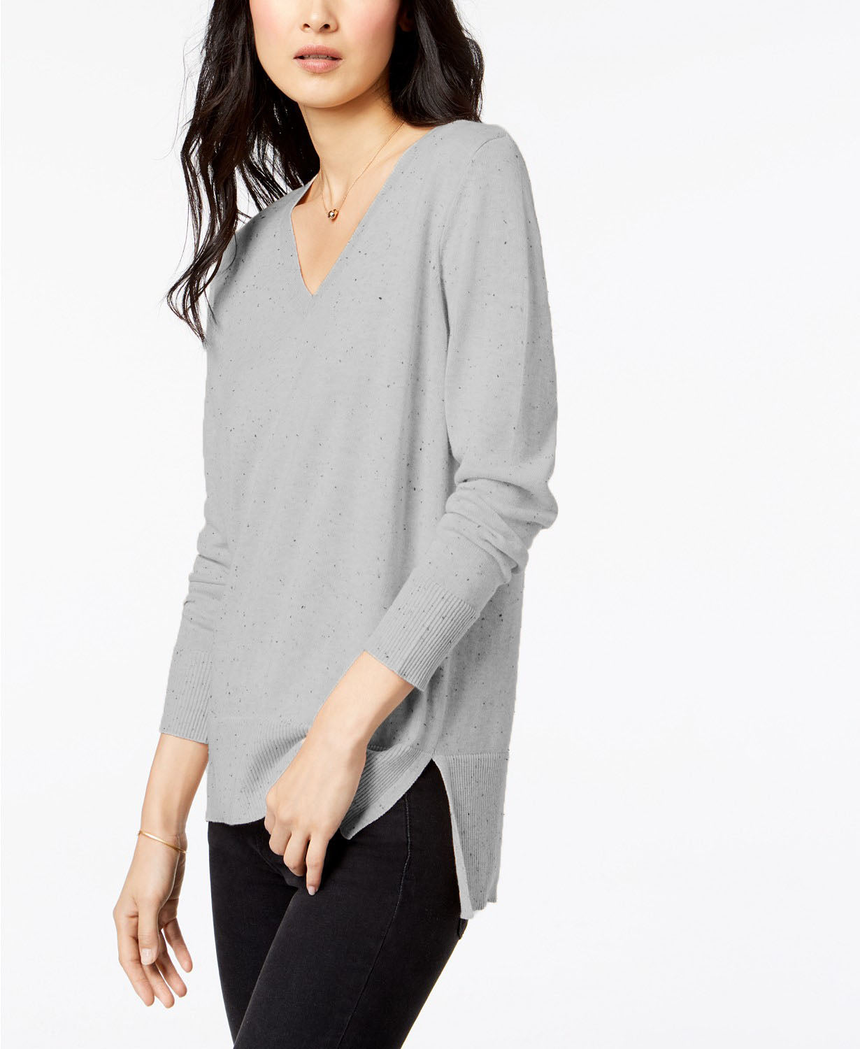 Maison Jules Women's Cotton V-Neck Tunic Sweater Gray Size Medium