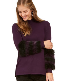 Alfani Women's Striped Faux-Fur Cuff Sweater Purple Size Small