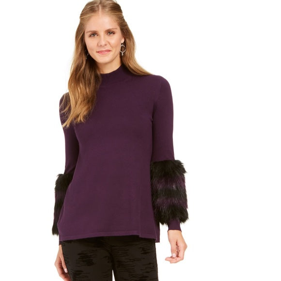 Alfani Women's Striped Faux-Fur Cuff Sweater Purple Size Small
