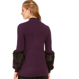 Alfani Women's Striped Faux-Fur Cuff Sweater Purple Size Small