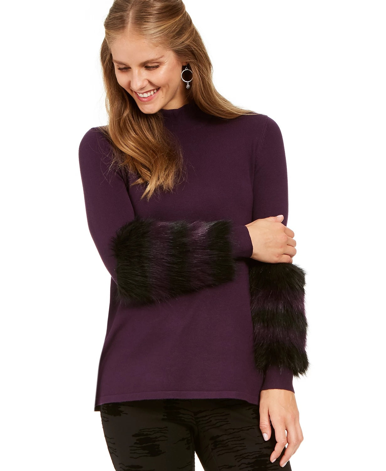 Alfani Women's Faux Fur Trim Sweater Purple Size Petite Small