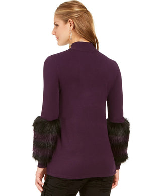 Alfani Women's Faux Fur Trim Sweater Purple Size Petite Small
