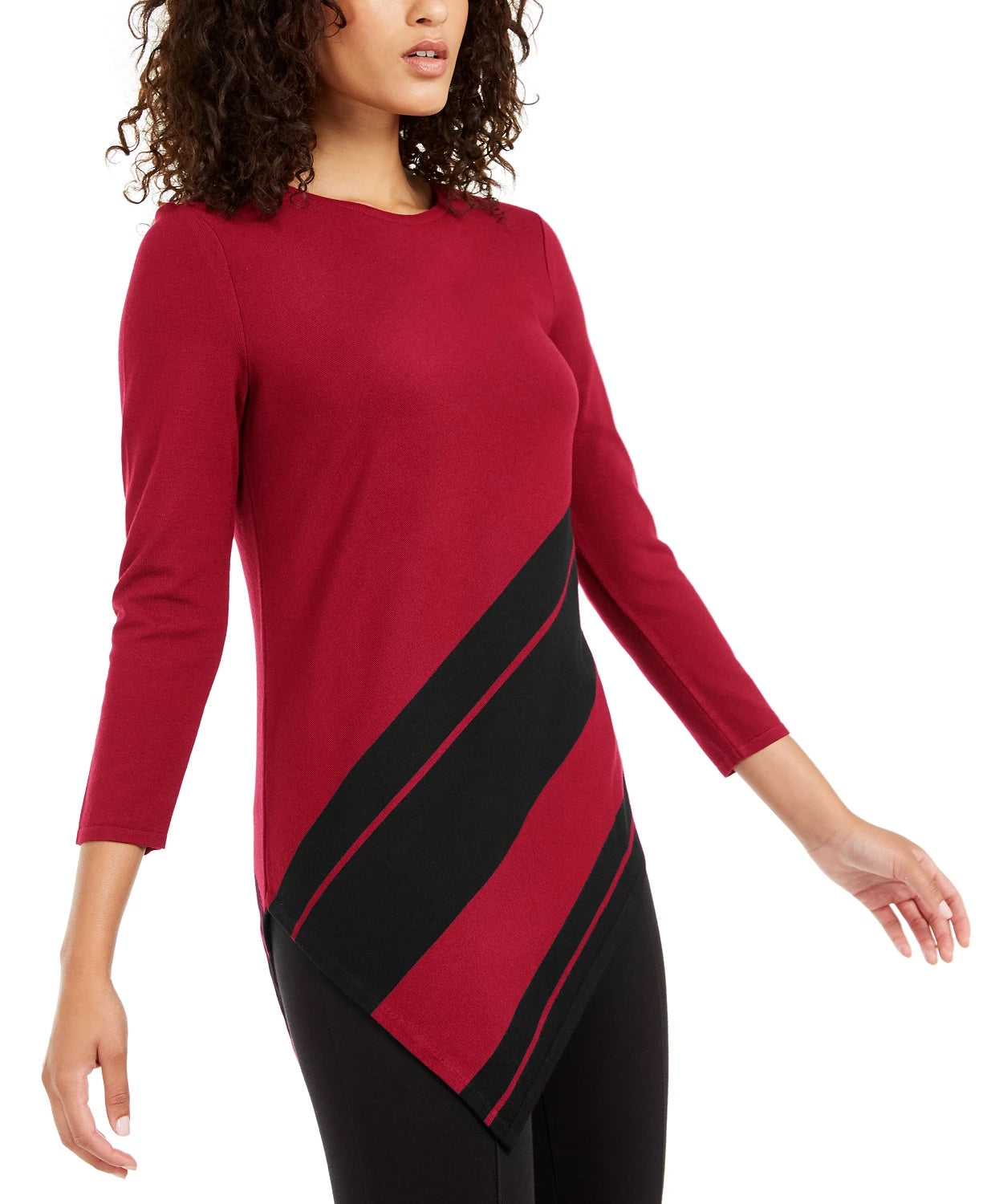 Alfani Women's Petite Striped Asymmetrical Tunic Wine Size Petite Small