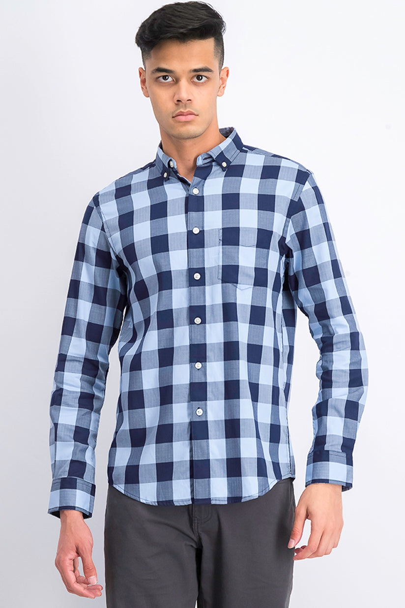 Club Room Men's Herringbone Plaid Pocket Shirt Blue Size Small