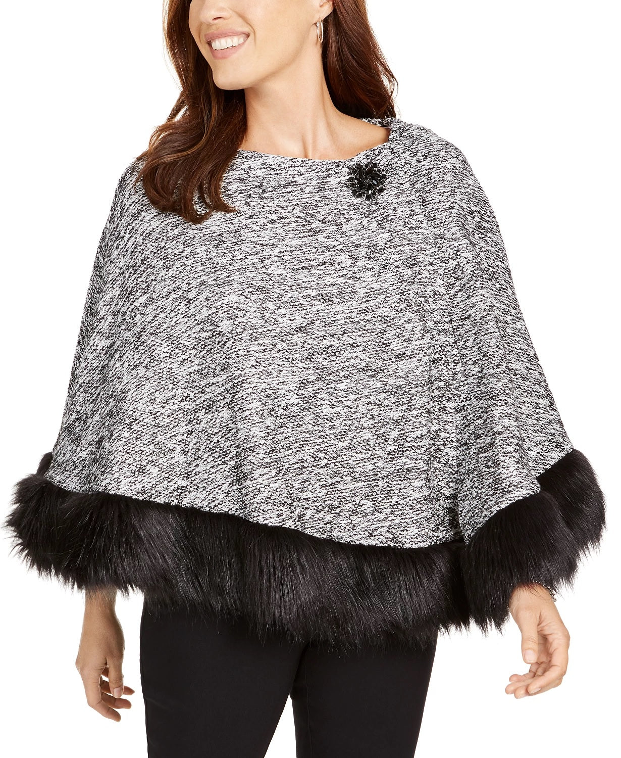 JM Collection Women's Petite Faux-Fur-Trim Poncho Black Size Petite Large