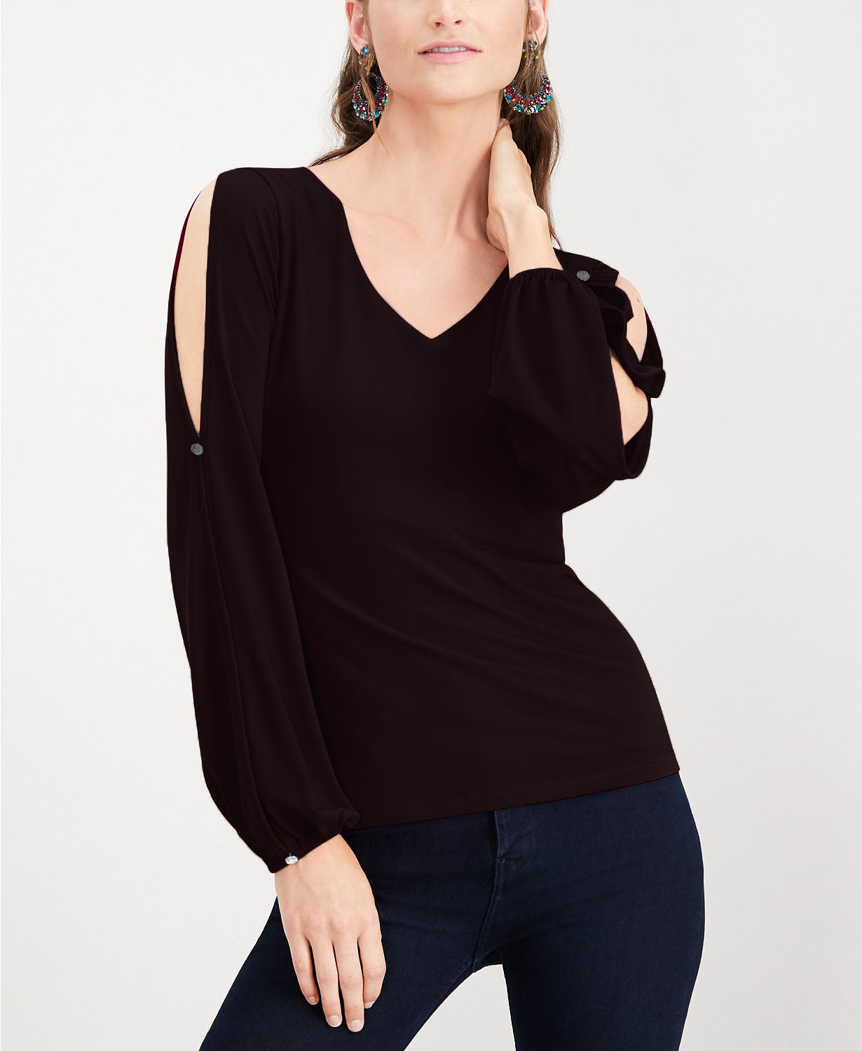 INC International Concepts Women's Petite Split-Sleeve Rhinestone-Button Top Black Size Medium