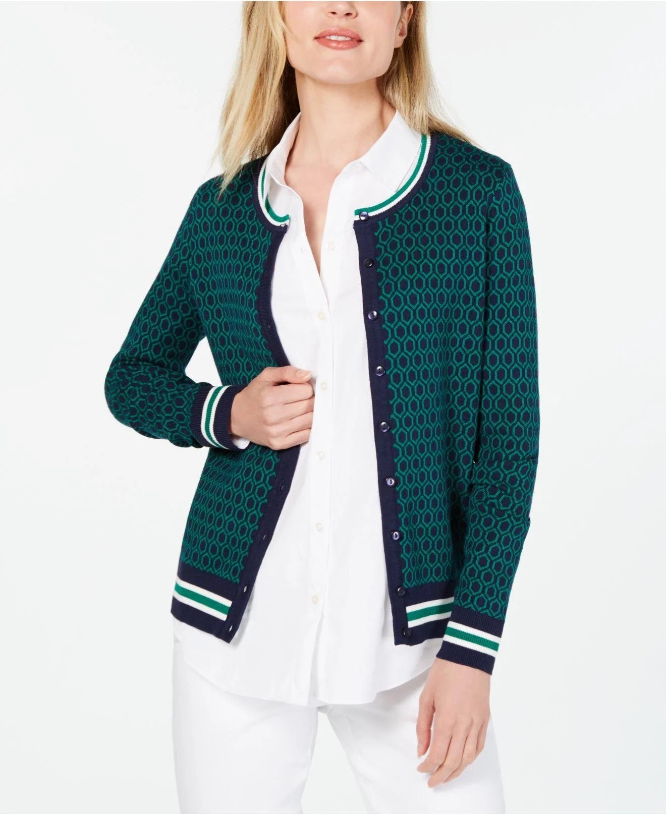 Charter Club Women's Patterned Cardigan Sweater Green Size Large