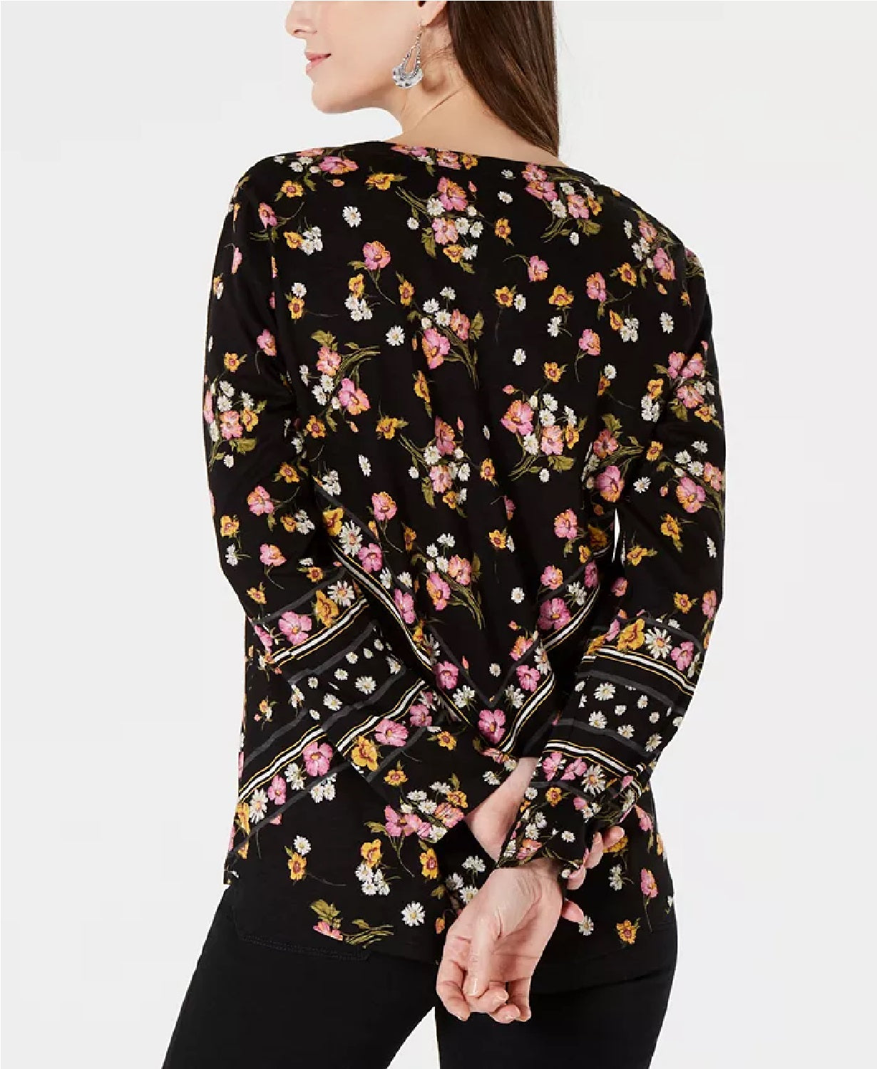 Style & Co Women's Printed Split-Neck Shirt Black Size Small