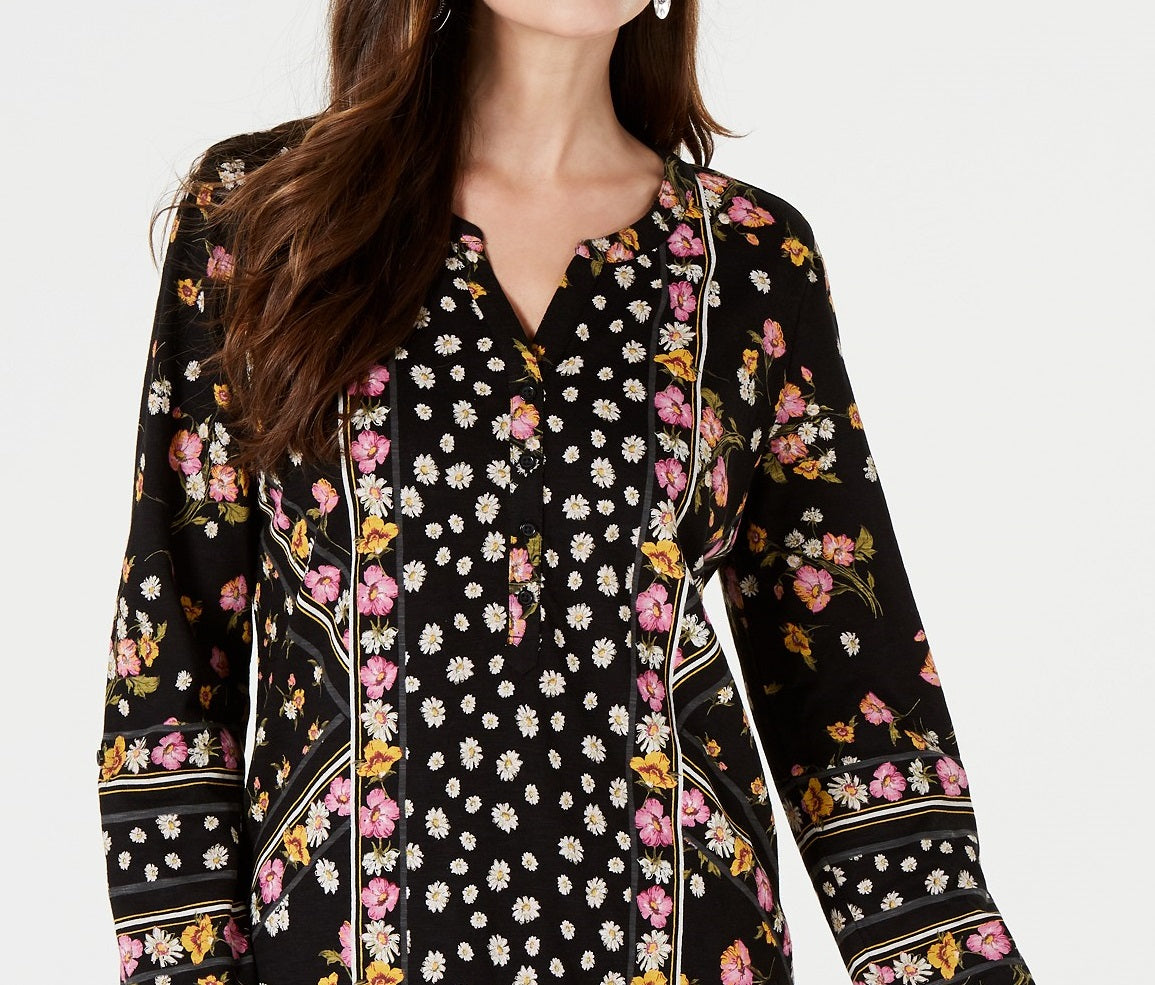 Style & Co Women's Printed Split-Neck Shirt Black Size X-Small