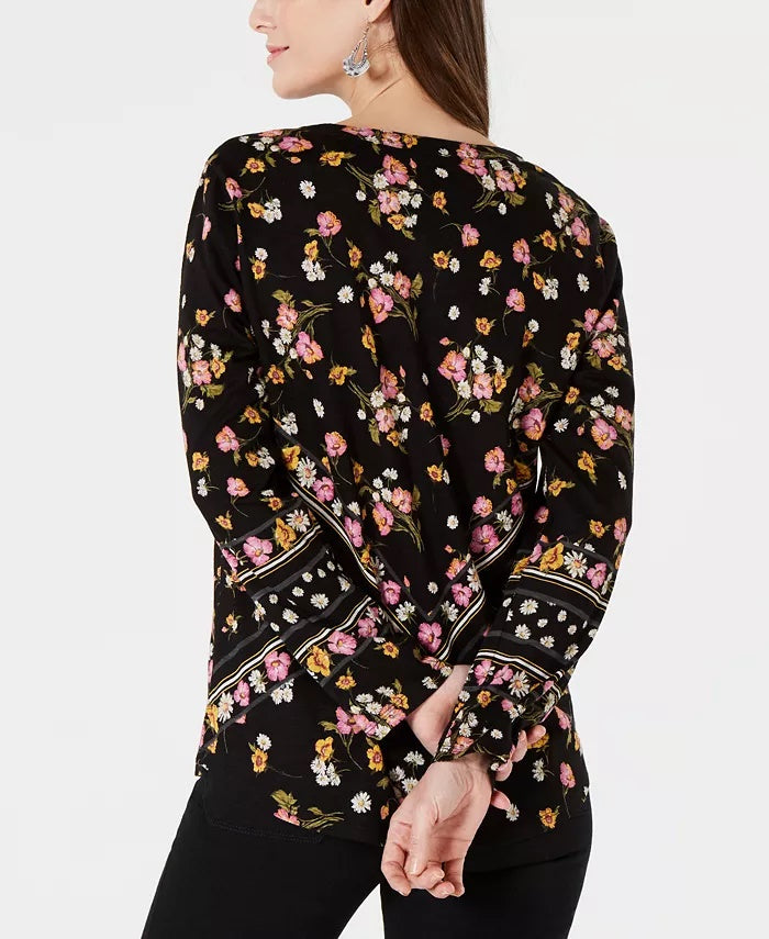 Style & Co Women's Printed Split-Neck Shirt Black Size Extra Large