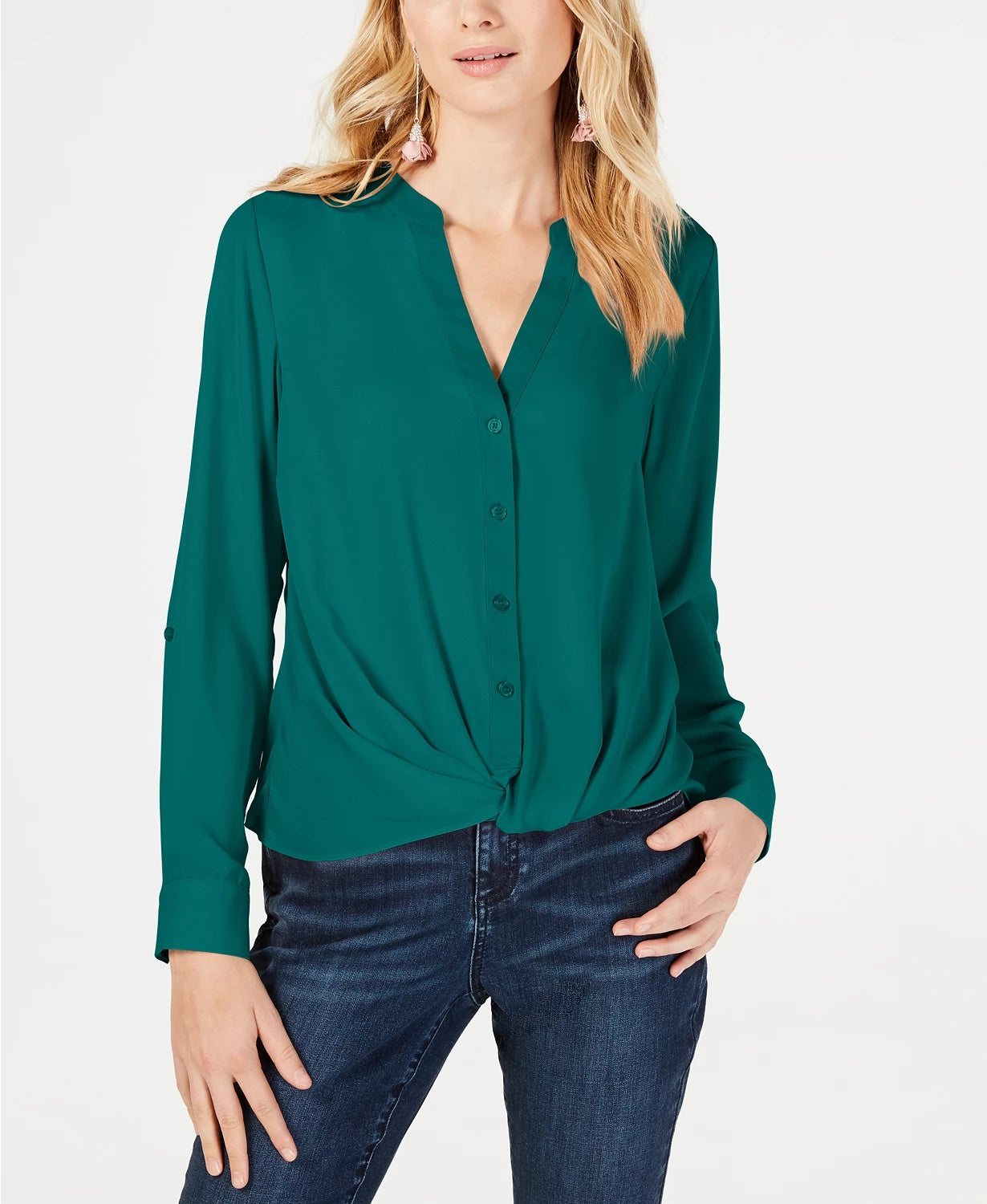 INC International Concepts Women's Petite Twist-Front Button-Up Top Blue Size Small