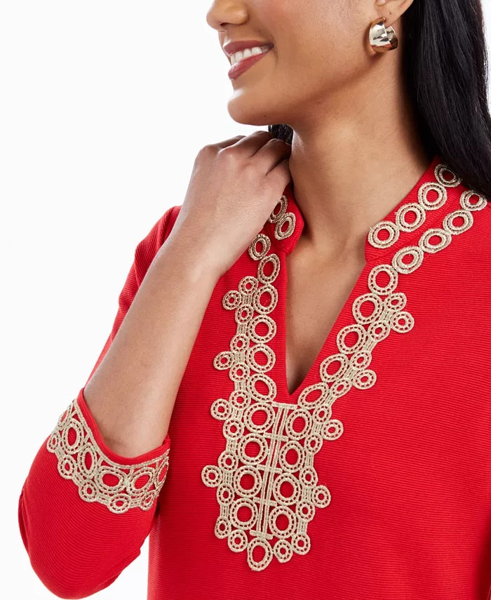 Charter Club Women's Petite 3/4-Sleeve Textured Tunic Red Size X-Large