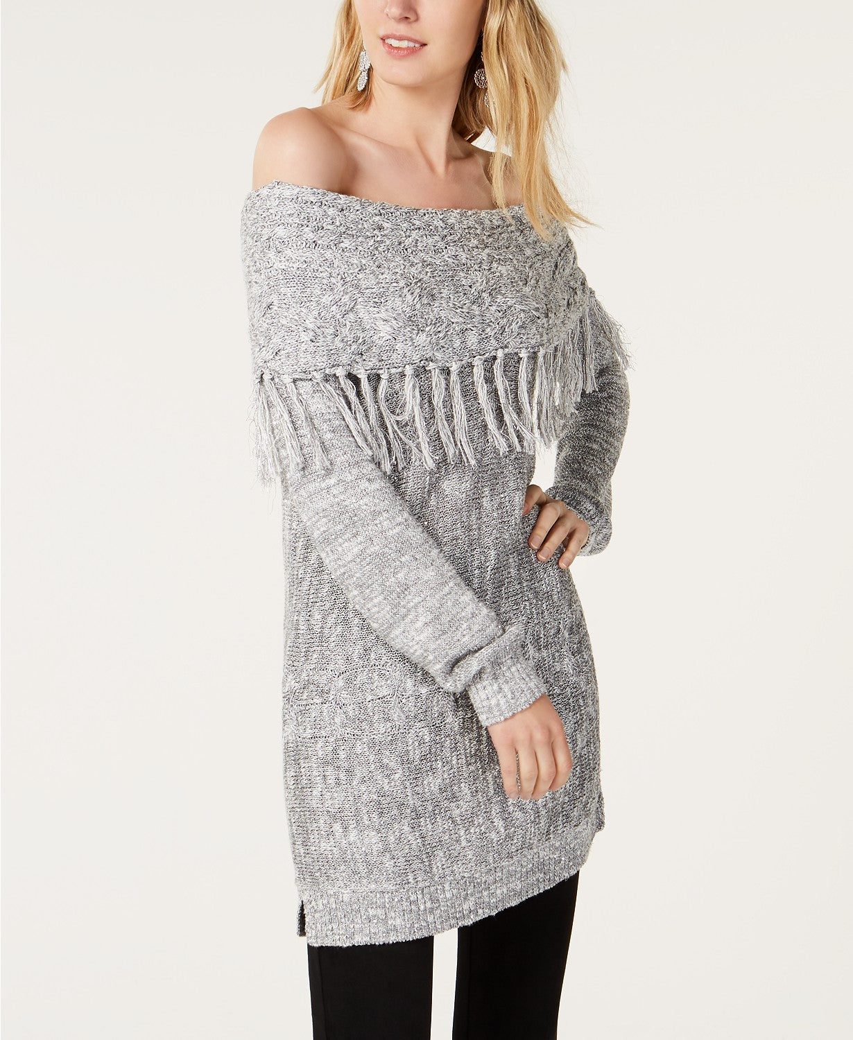 INC International Concepts Women's Foldover Off-The-Shoulder Sweater Silver Size Small