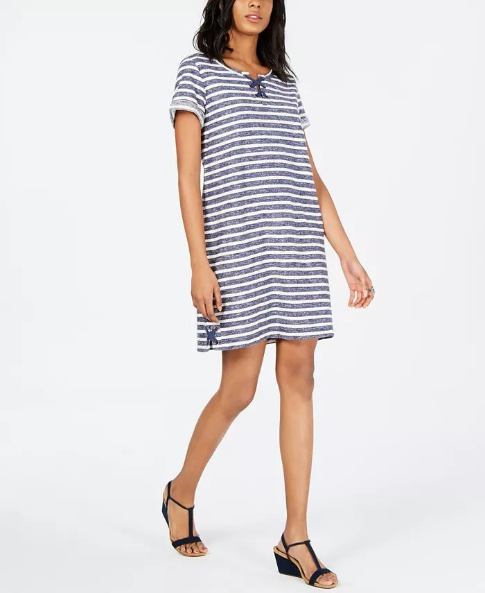 Style & Co Women's Lace Up T-Shirt Dress Blue Size Medium