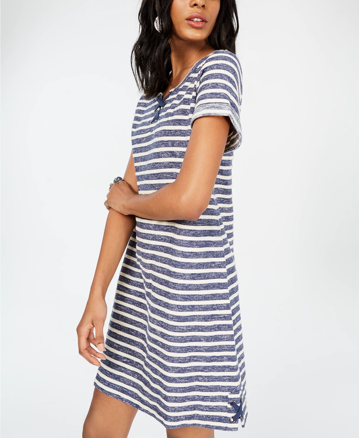 Style & Co Women's Lace Up T-Shirt Dress Blue Size Medium