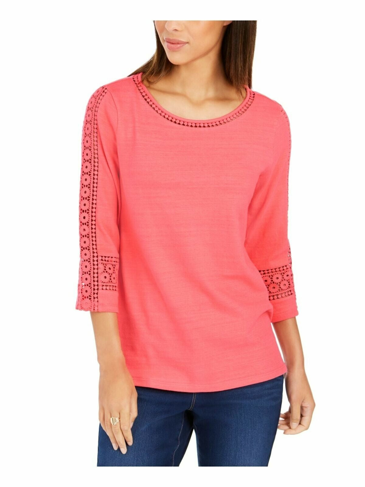 Charter Club Women's Crochet-Inset Top Pink Size Medium