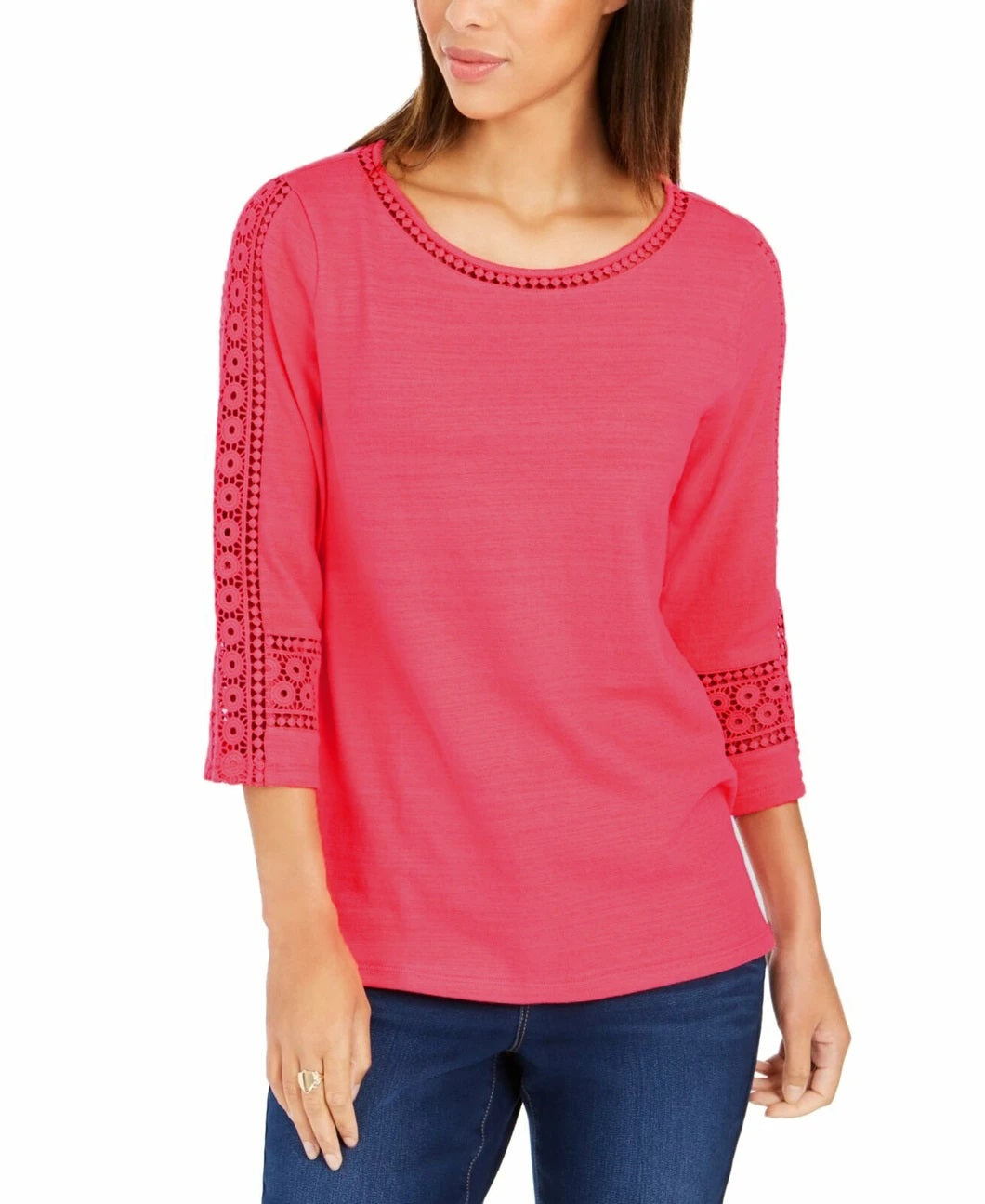 Charter Club Women's Crochet-Inset Top Pink Size Small