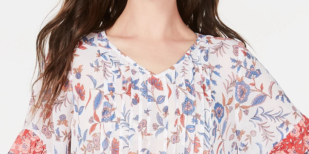 Style & Co Women's Retro Scarf Print Pintuck Pleat Top Navy Size Large