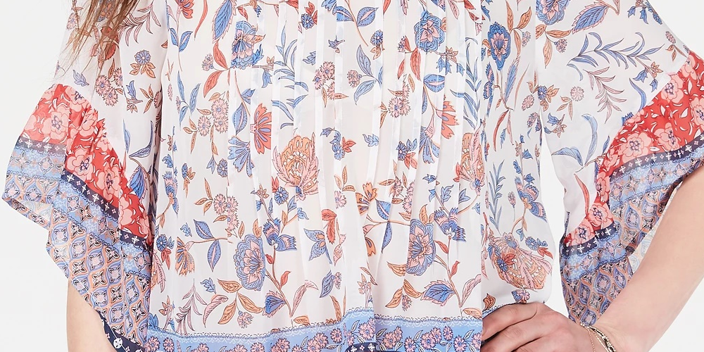 Style & Co Women's Retro Scarf Print Pintuck Pleat Top Navy Size Large