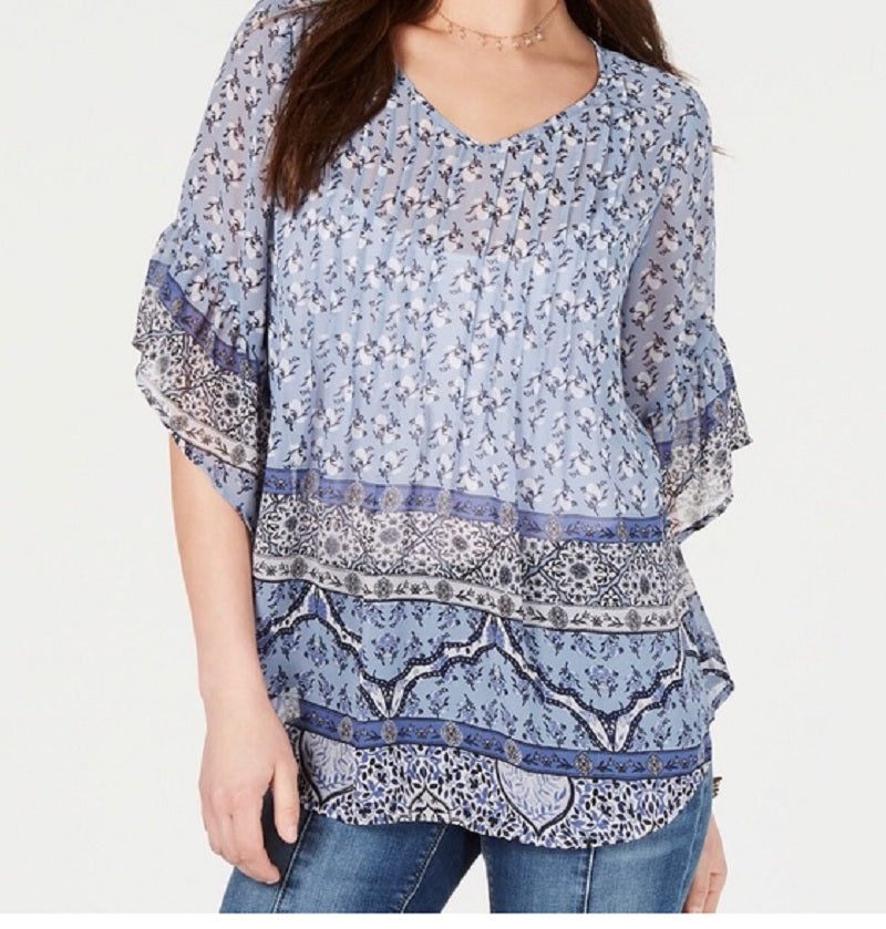 Style & Co Women's Retro Scarf-Print Pintuck-Pleat Top Navy Size X-Small